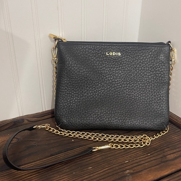 NWOT Lodis Textured Black Leather Crossbody Bag with Gold Chain Stap - Picture 1 of 5